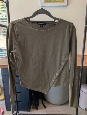 Harper Olive Asymmetrical Long-Sleeve Top with Snap Detail